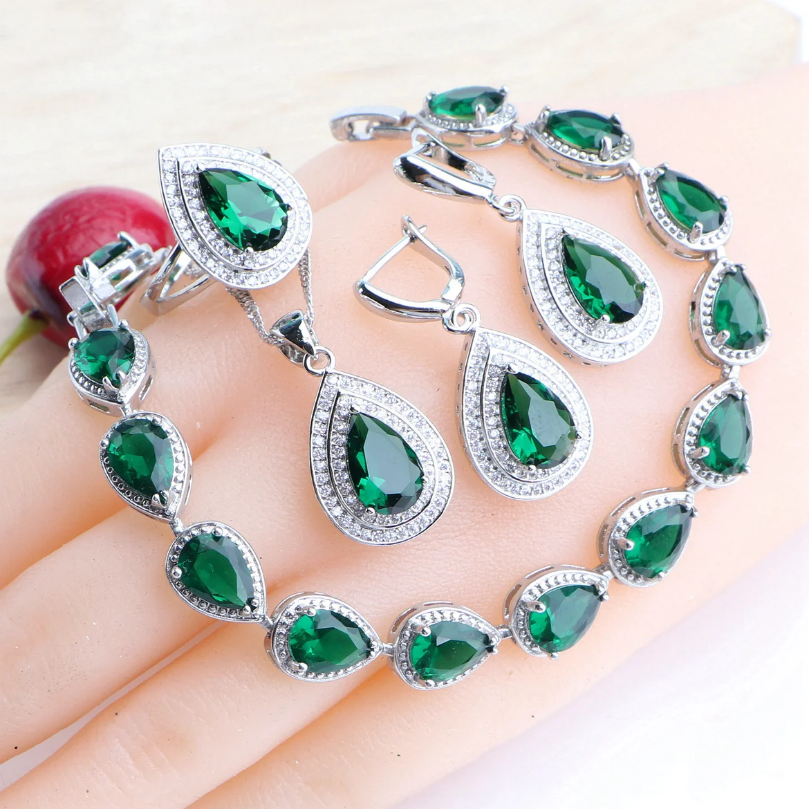 Drop Green Zircon Jewelry Sets For Women Bridal 925 Silver Earrings Stones Bracelets Rings Pendant Wedding Necklace Set