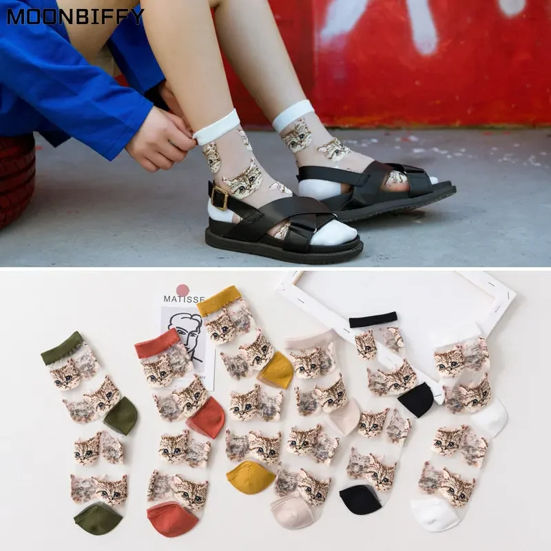 Women Transparent Cute Cat Socks Korean Fashion Ladies Summer Thin Crystal Silk Socks JapaneseTrendy Kawaii Glass Fiber Socks