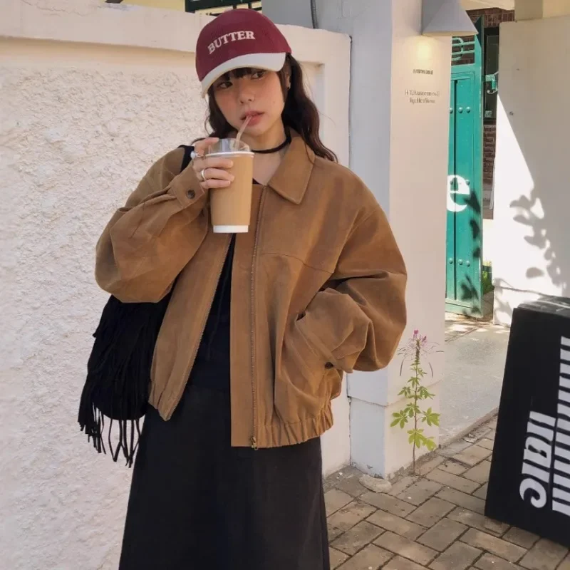 

Korean Fashion Chic Autumn Retro Western-style Outfit Jacket Loose Collar Casual Baseball Jacket for Women Clothes