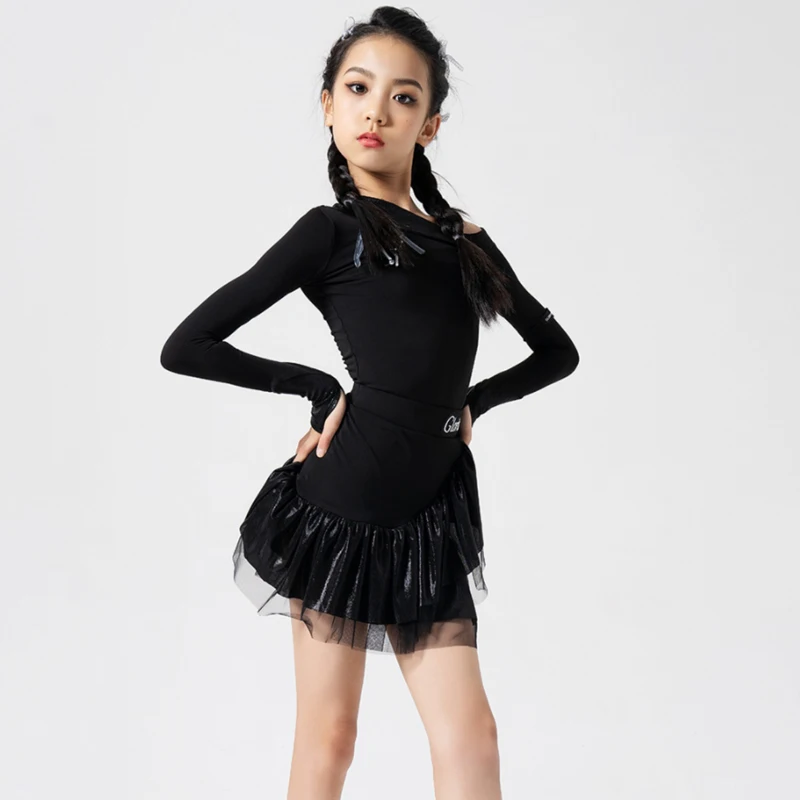

2025 Girl Latin Samba Dance Clothes Children Black Slanted Shoulder 2 Piece Suit Practice Dance Dress Line Dance Clothing