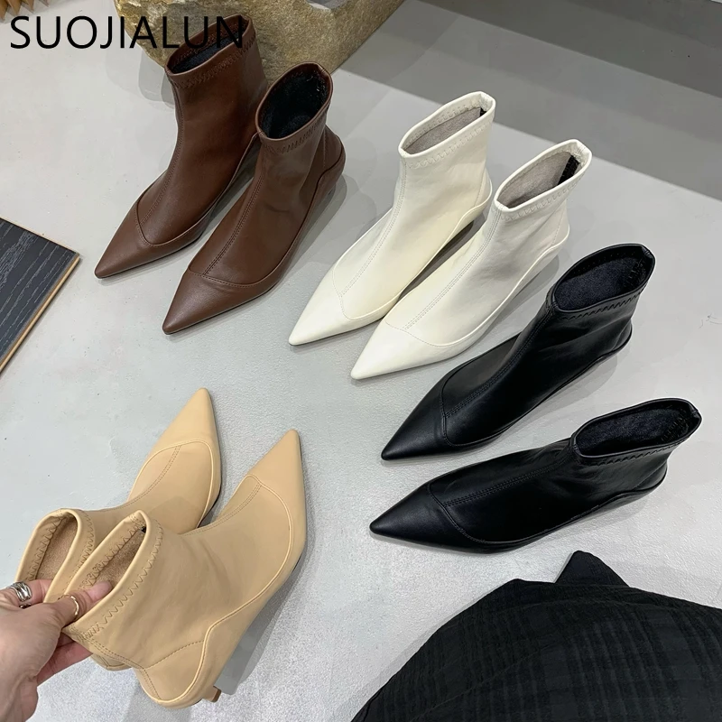 

SUOJIALUN Winter New Thin Low Heel Women Ankle Boots Fashion Pointed Toe Slip On Chelsea Boots Shoes Soft Leather Short Boots