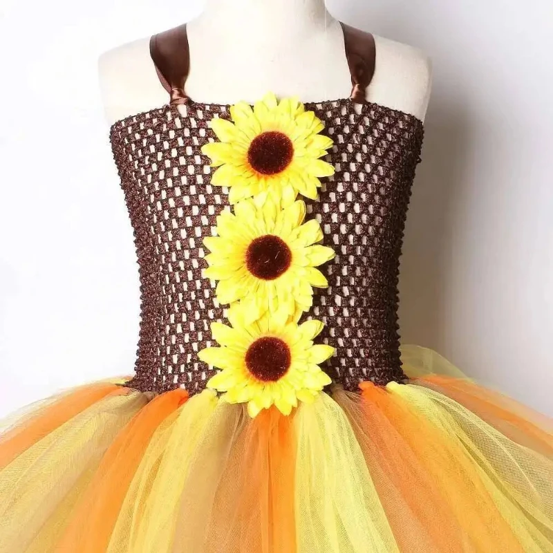Autumn Sunflowers Tutu Dress for Girls Fall Woodland Fairy Halloween Costumes with Wings Outfit Kids Stage Performance Clothes - view 6