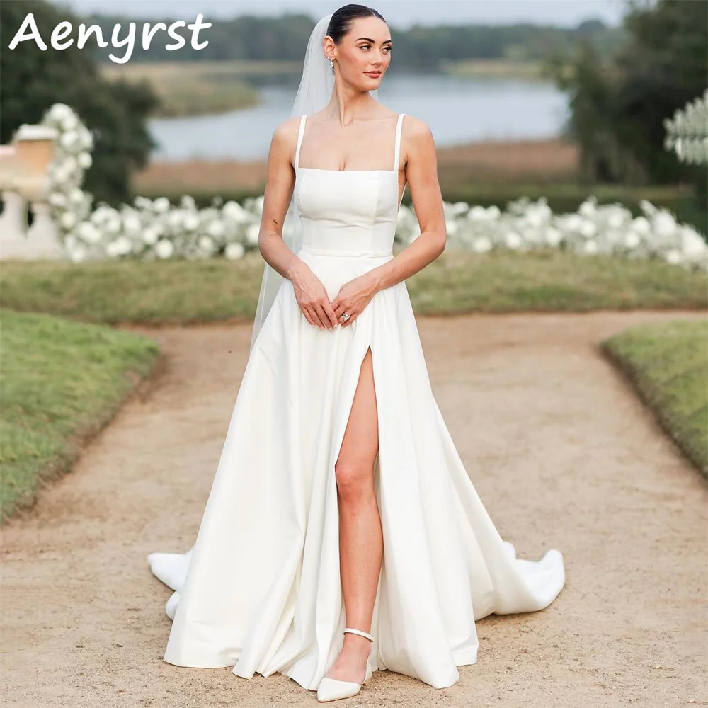

Aenyrst Elegant Spaghetti Strap A Line Wedding Dresses Side High Split Court Train Bohemia Bridal Gowns فساتين سهره Custom Made