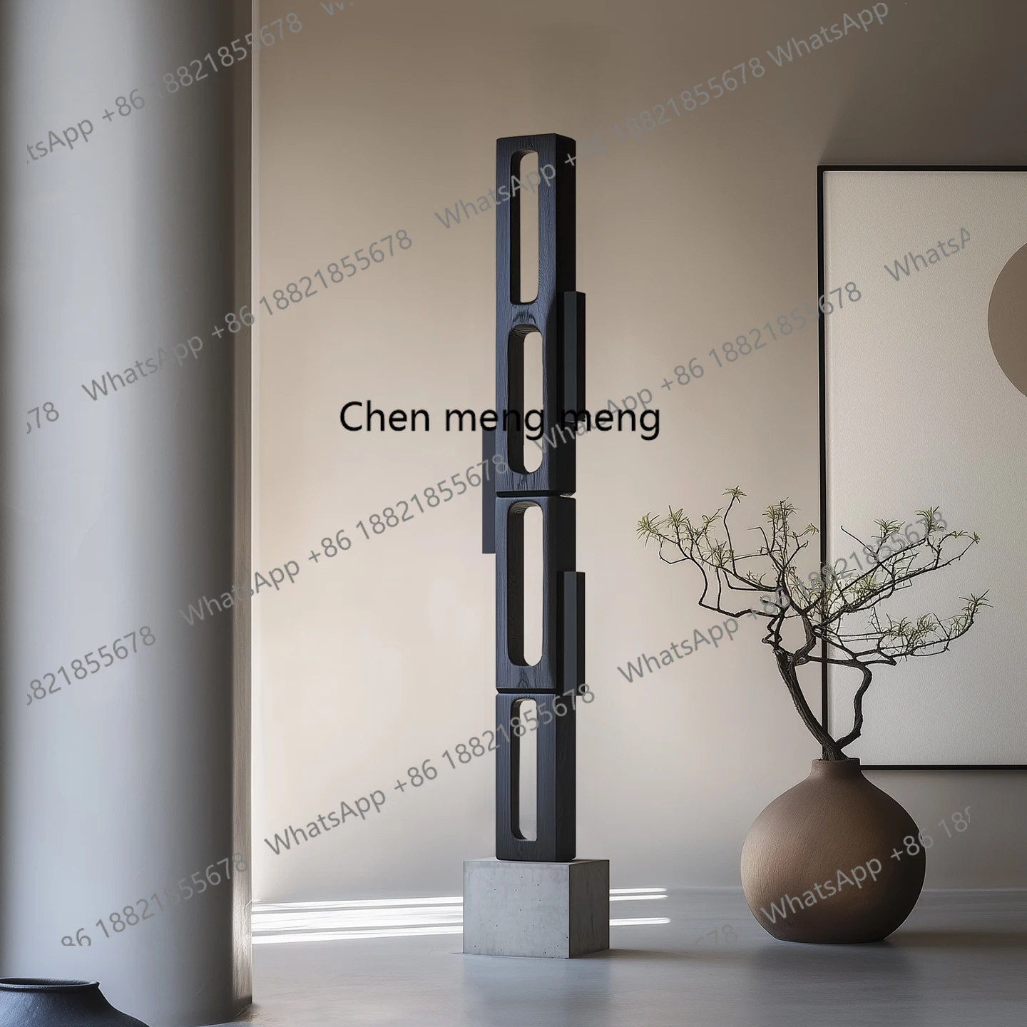 

Large geometric solid wood sculpture floor-to-ceiling ornament hotel art installation vertical decoration