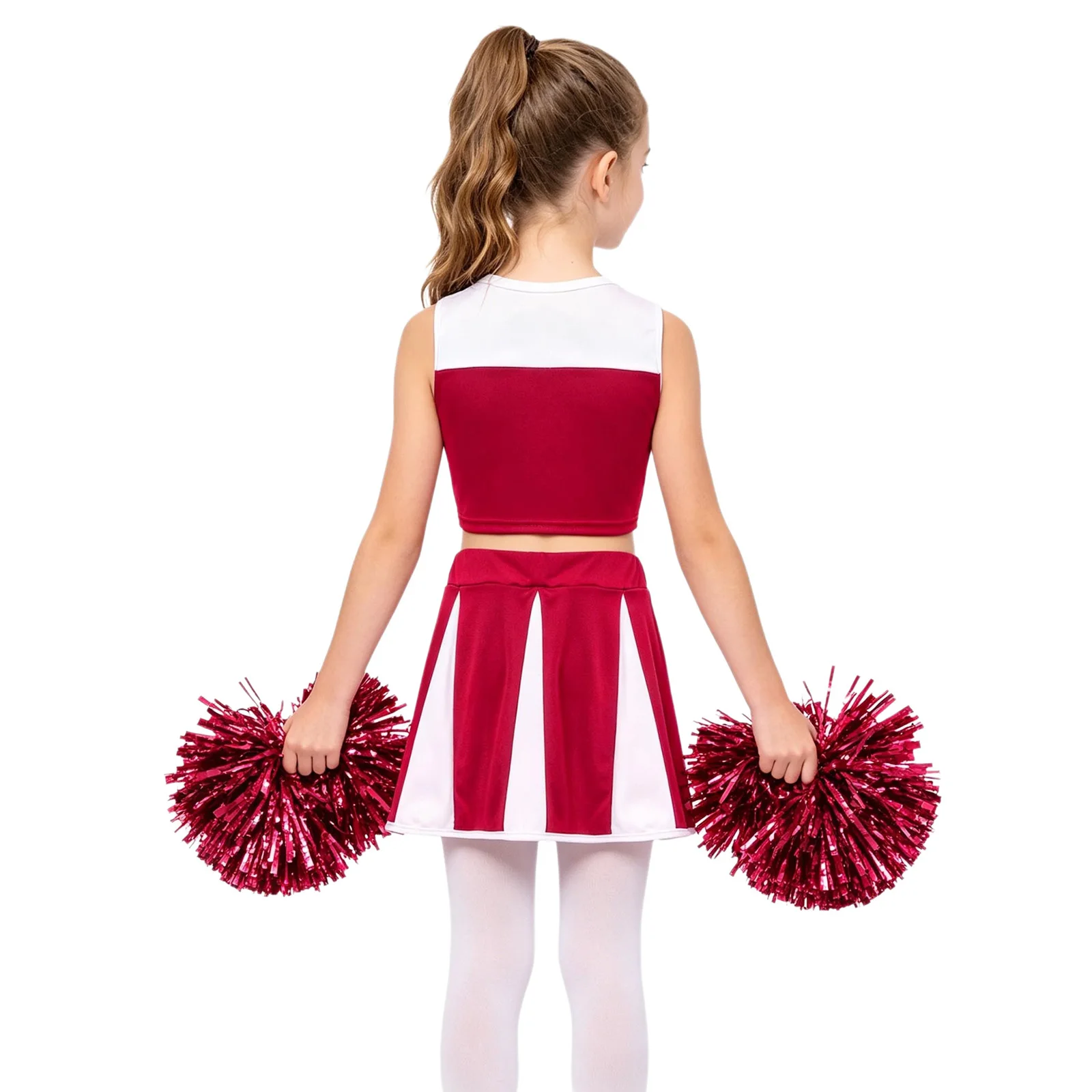 Kids Girls Cheerleading Costumes School Football Games Cheerleader Uniform Sleeveless Short Top And Skirt And Hand Flower Set