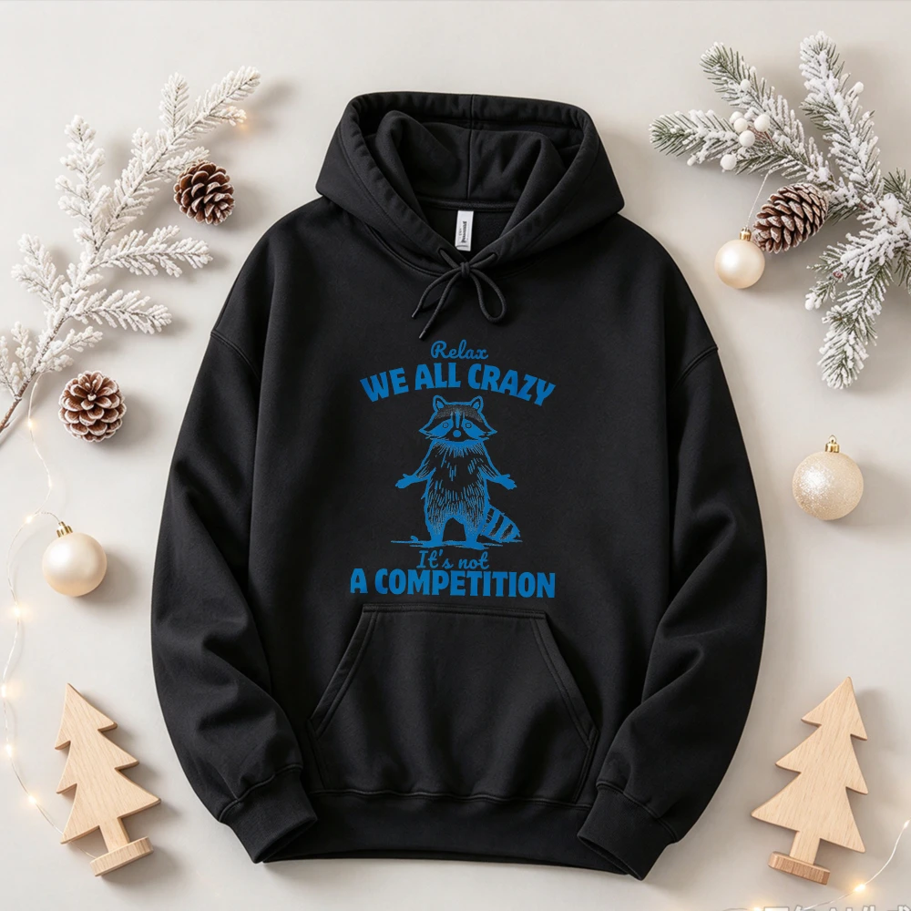 Relax We All Crazy It's Not A Competition Funny Raccoon Graphic Hooded Sweatshirt Blue Sketch Wild Animal Pullover Casual Tops