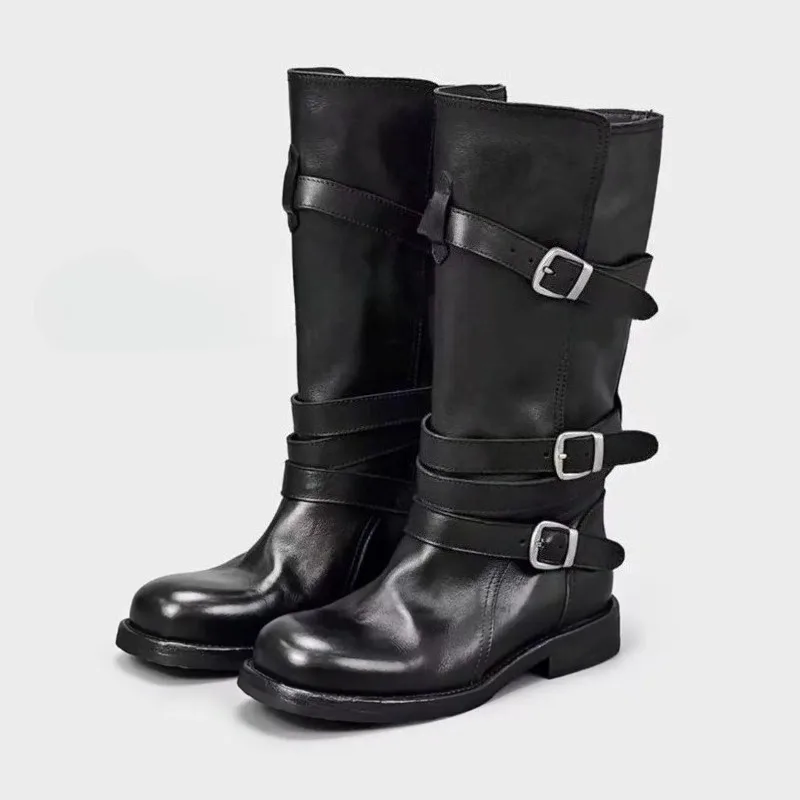 Black Genuine Leather Long Boots Women's Belt Buckle High Tube Leather Boots Folded Pants Versatile Rubber Outsole Knee-High Boo