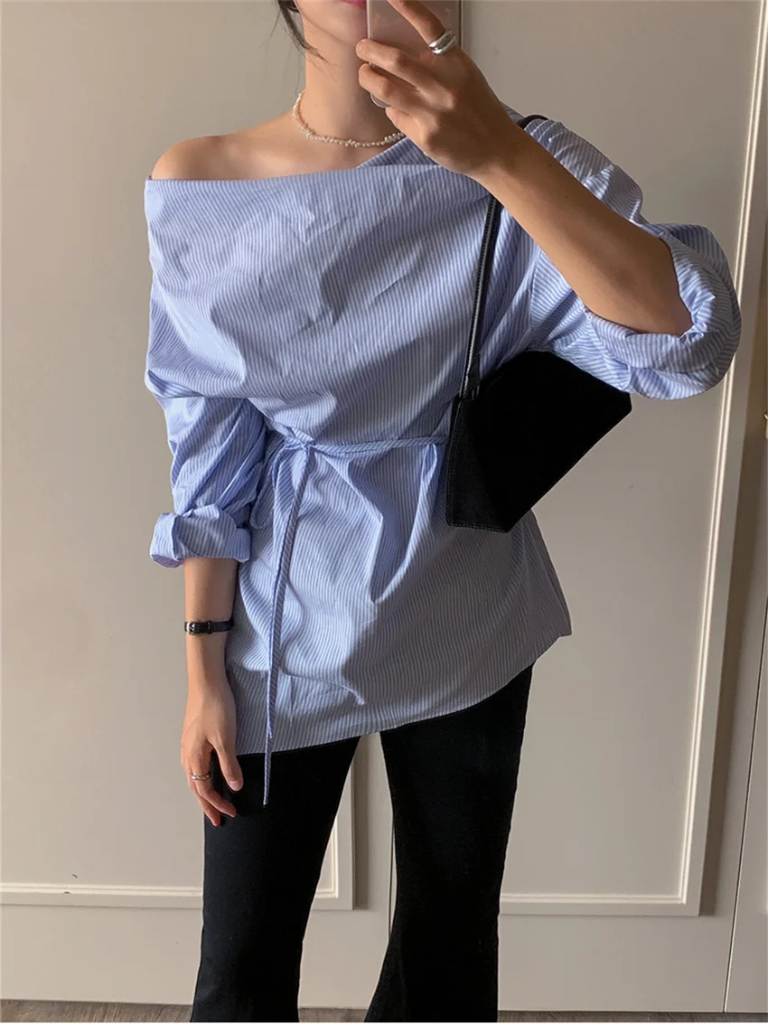 Alien Kitty Off Shoulders Shirts Stripes Women Chic Elegant Full Sleeve Autumn Slim New 2024 Office Lady Streetwear Casual