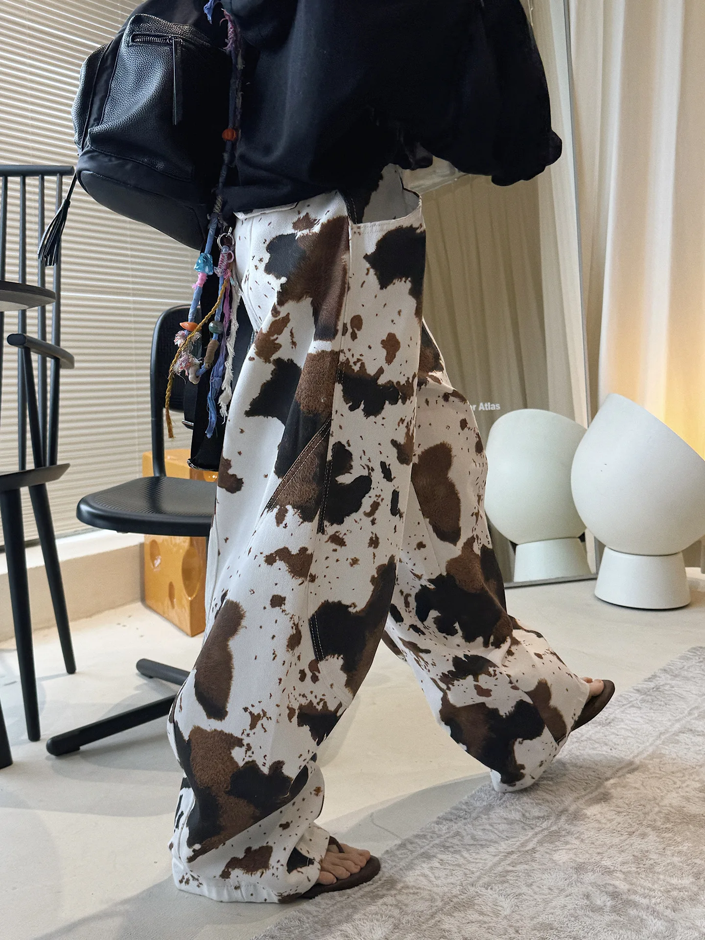 Women's High-Waist Cow Print Wide-Leg Jeans