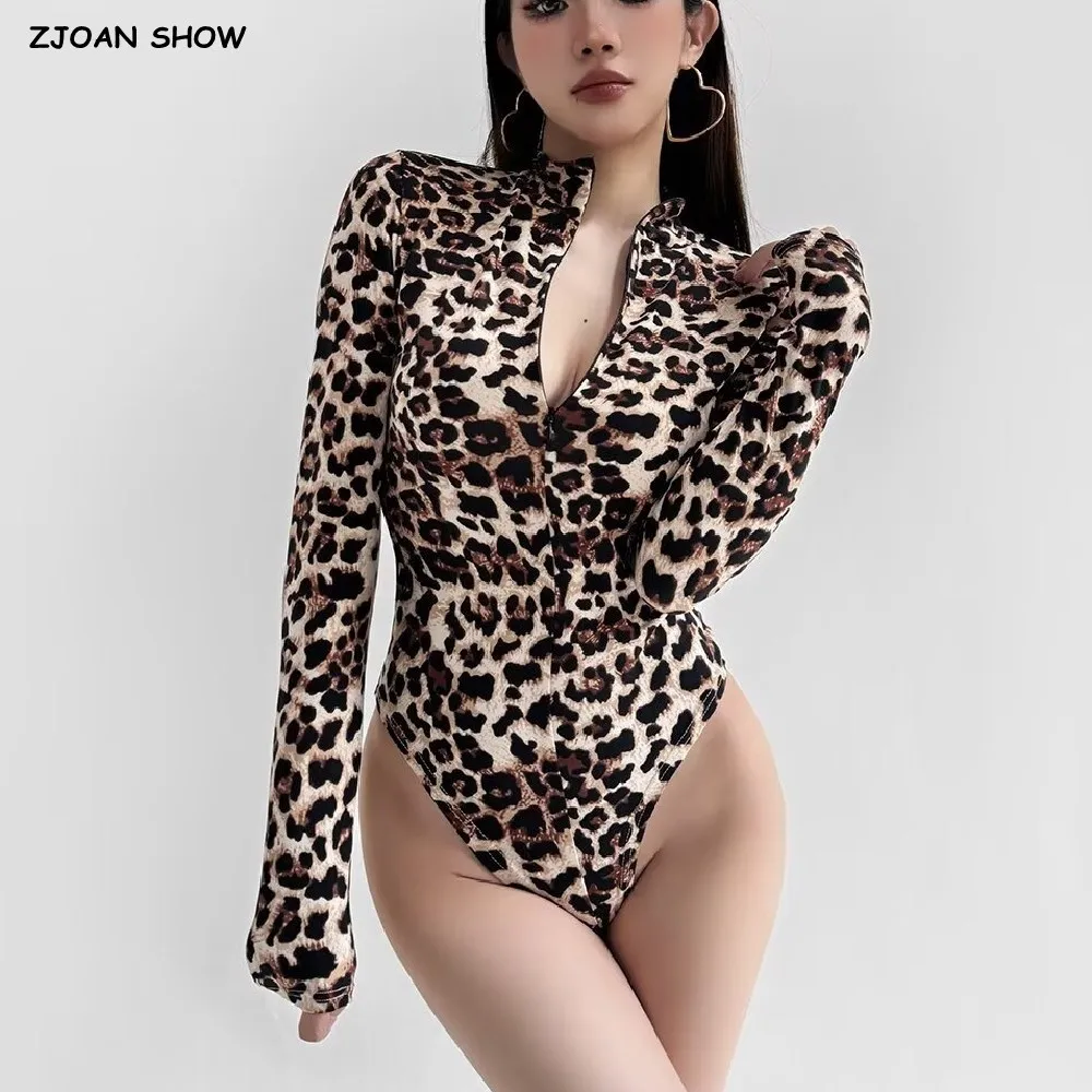 American Retro Open Zipper Stand Collar Animal Leopard Print Long sleeve Bodysuit Sexy Woman Jumpsuit Slim fit Rompers Playsuits