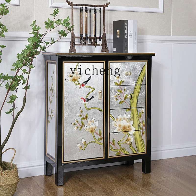 New Chinese Style Solid Wood Small Size Thin Sideboard Cabinet Living Room Multi-Functional Locker Tea Cabinet