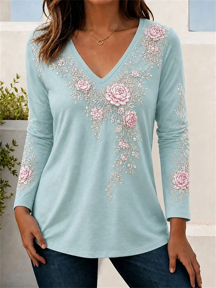 Elegant Women's Autumn Top V-Neck Vintage-Print Long-Sleeve T-Shirt Loose Comfortable and Stylish for Streetwear or Outdoor Wear