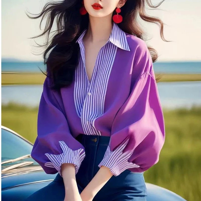 Purple Striped Patchwork Elegant Blouse Spring Autumn New Polo Neck Contrast Office Shirt Tops Temperament Fashion Women Clothes