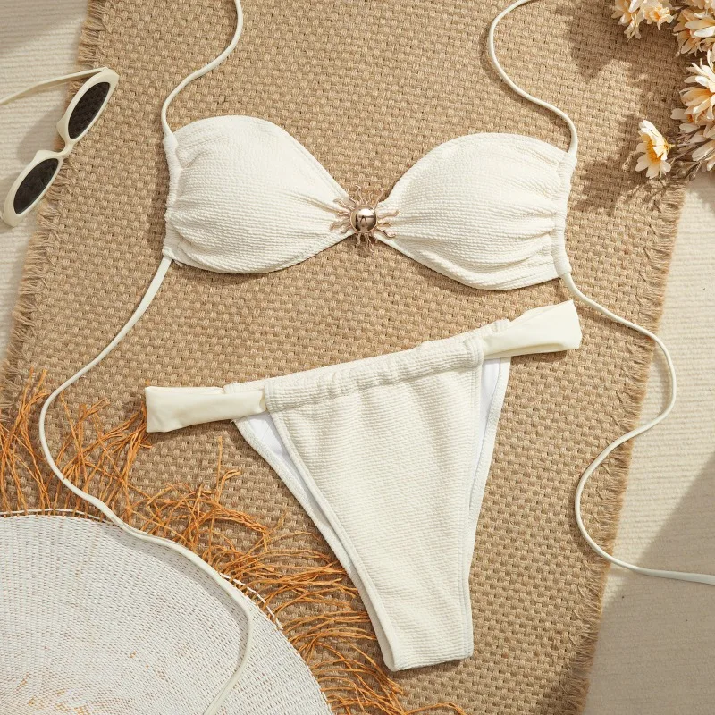 

Bikini Swimwear Pure Color Metal Accessories Backless Sexy String Female for Swimming Pool And Beach High Elasticity Qui...