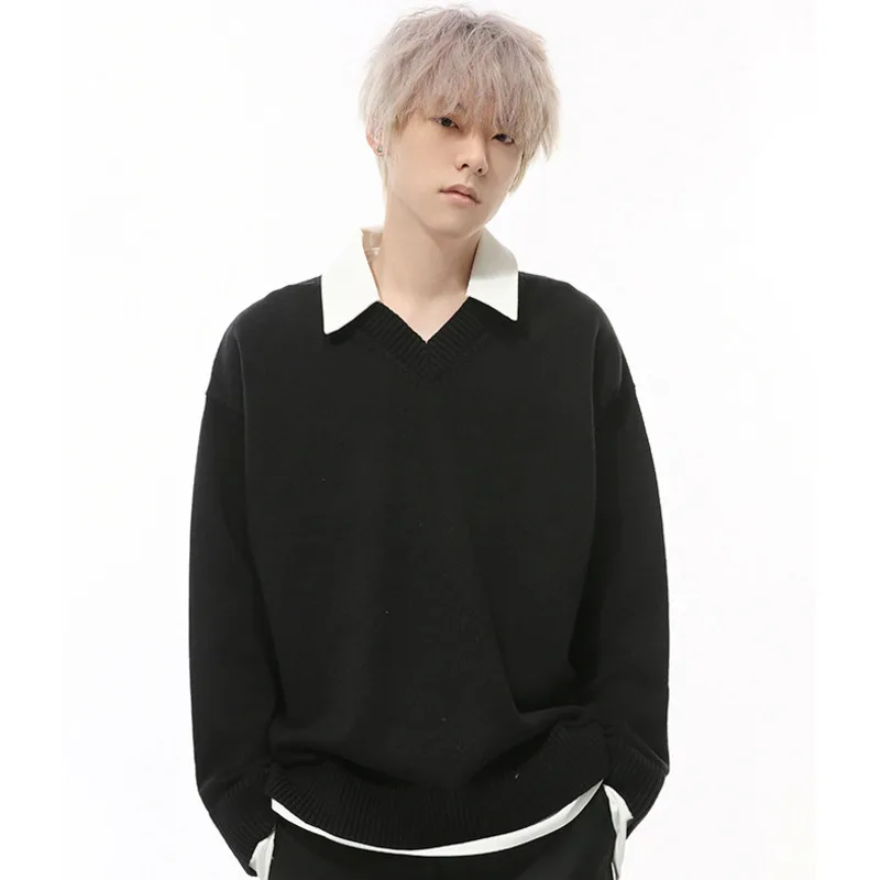 SYUHGFA Korean Style Men's Sweaters Turn Down Collar Knitting Fake Two-piece Contrast Color Male Pullover Tops New 2024 Winter