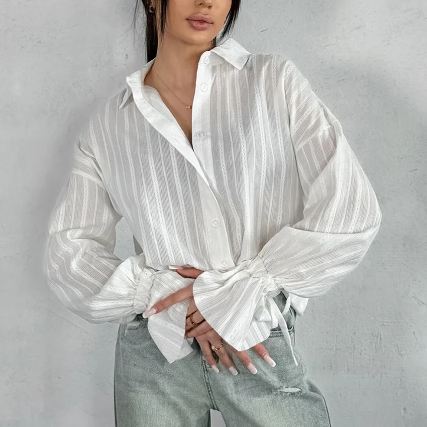 

Women's French Gentle White Shirt Cotton Blend Stripe Fabric Collared Puff Sleeve Ruched Cuff Casual Dating Top