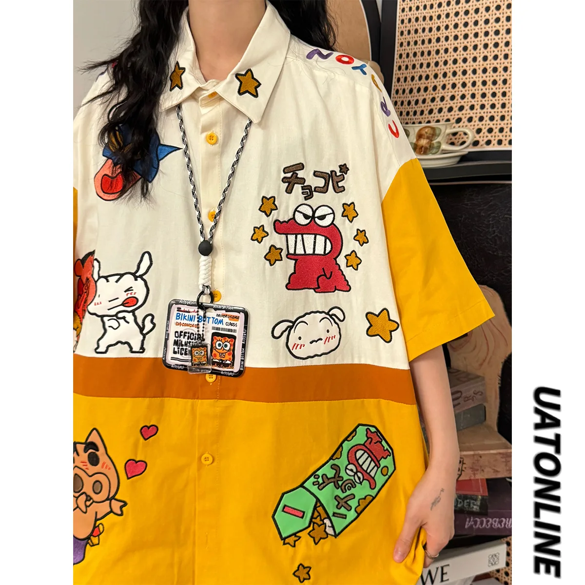 

UATONLINE Летний американский ретро мультяшный цвет с вышивкой Blo ort Sve irt женский свободный крой Street Sle повседневный топ