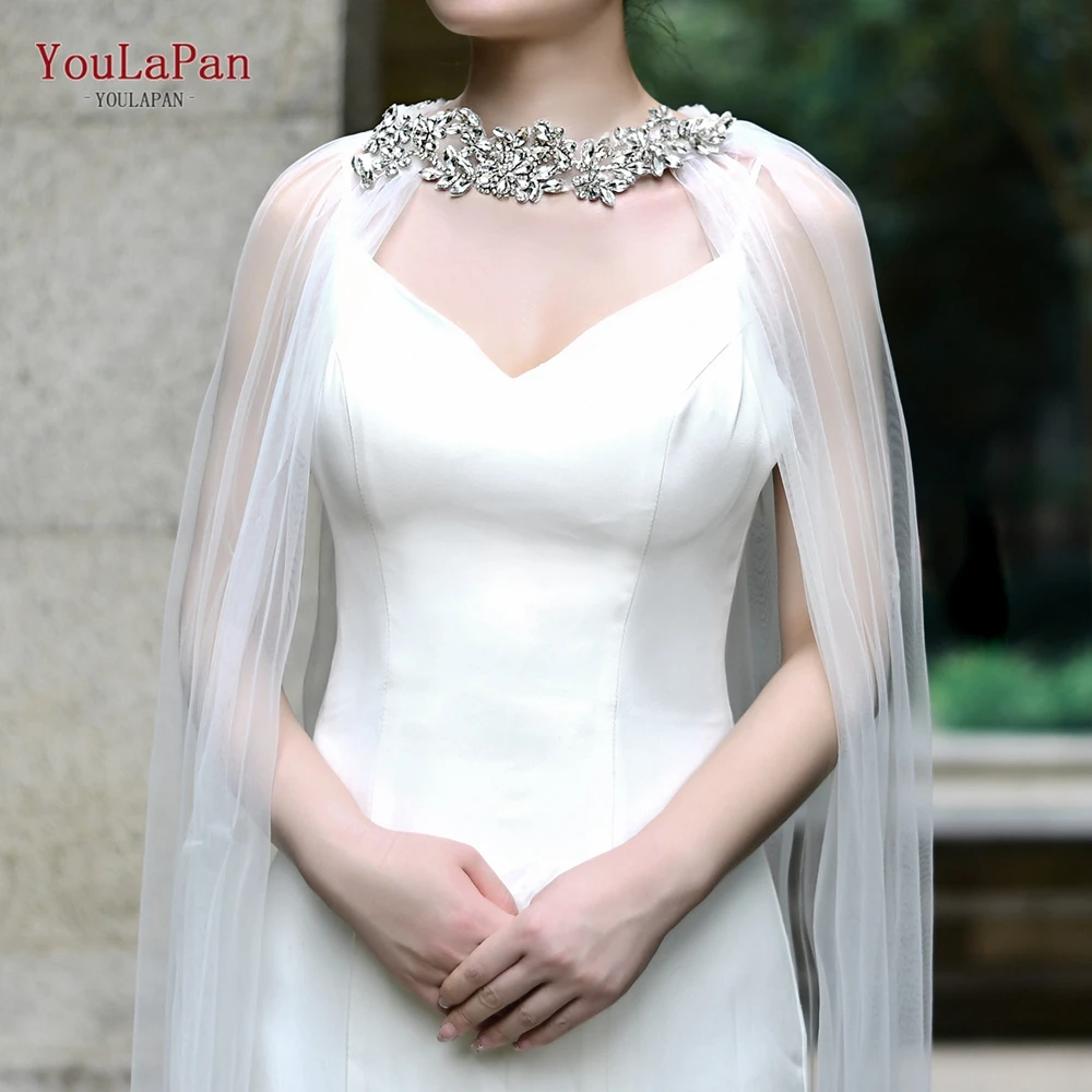 YouLaPan G22 3M Cô Dâu Đô Áo Bọc Lấp Lánh Kim Cương Appliqued Cưới Bolero Khăn Choàng Với Ren Dài Tàu Đảng Áo Khoác