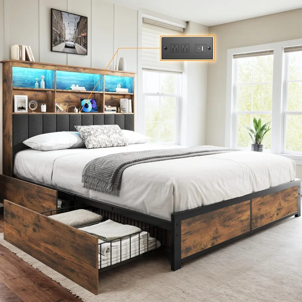 

Wooden High Storage Bed Frame with Headboard, LED Lighting, and Charging Station