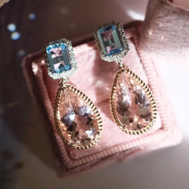 

Ins Trendy 925 Silver Aquamarine Morganite Teardrop Ear Drop Dangle 18K Rose Gold Statement Pink Blue Earring High Fine Jewelry