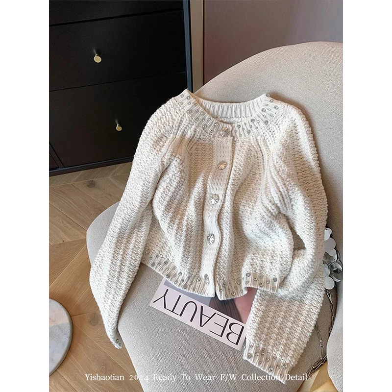 Wool Knitted Sweaters 2024 Early Spring Fashion Chic White Black Cardigans High Quality Ladies Beading Deco Casual Cardigan Coat