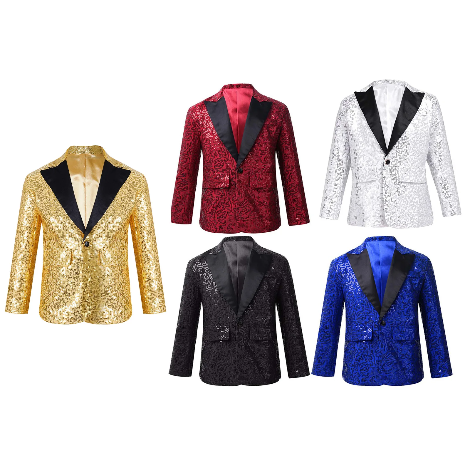 Kids Boys Jazz Costumes Stylish Gentleman Shiny Sequin Lapel One Button Suit Jacket Coat Blazer Tuxedo for Wedding Banquet Party