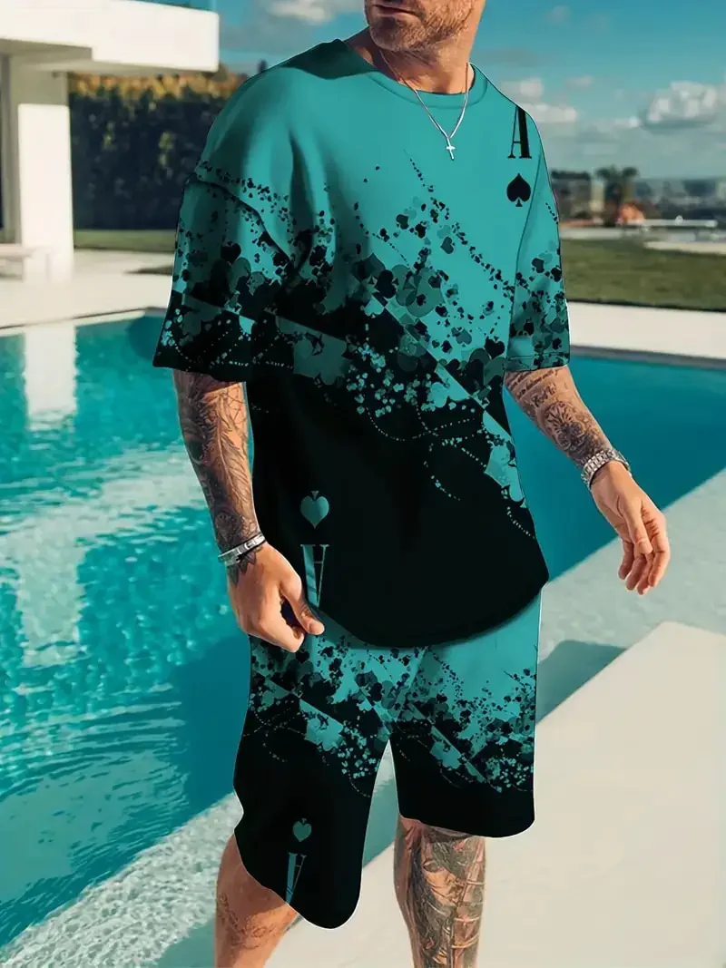 Summer Casual T Shirt+Shorts Suit Street Short Sleeve Sportwear Creative Playing Card Pattern Men Clothing 2-piece Sets 3D Print
