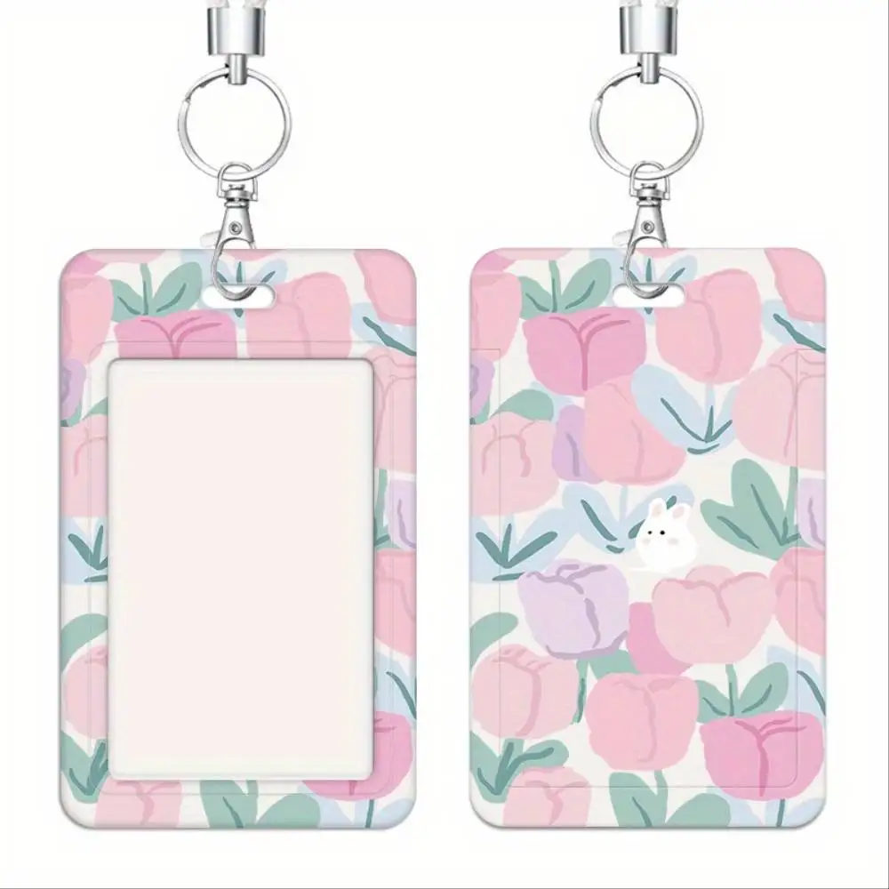 Adorable Rabbit & Tulip ID Card Holder Plastic Window Case Holds 2 Cards For Doctor Nurse Student Staff Hospital Office Badge