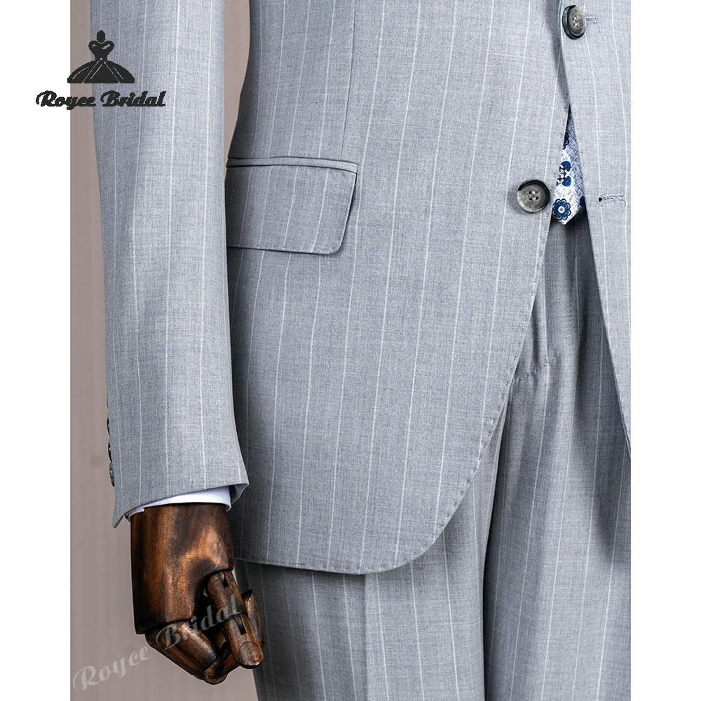 Abito da sposa da uomo monopetto in due pezzi a righe grigie 2026 Abito da sera da lavoro con risvolto a punta Abiti personalizzati para hombre