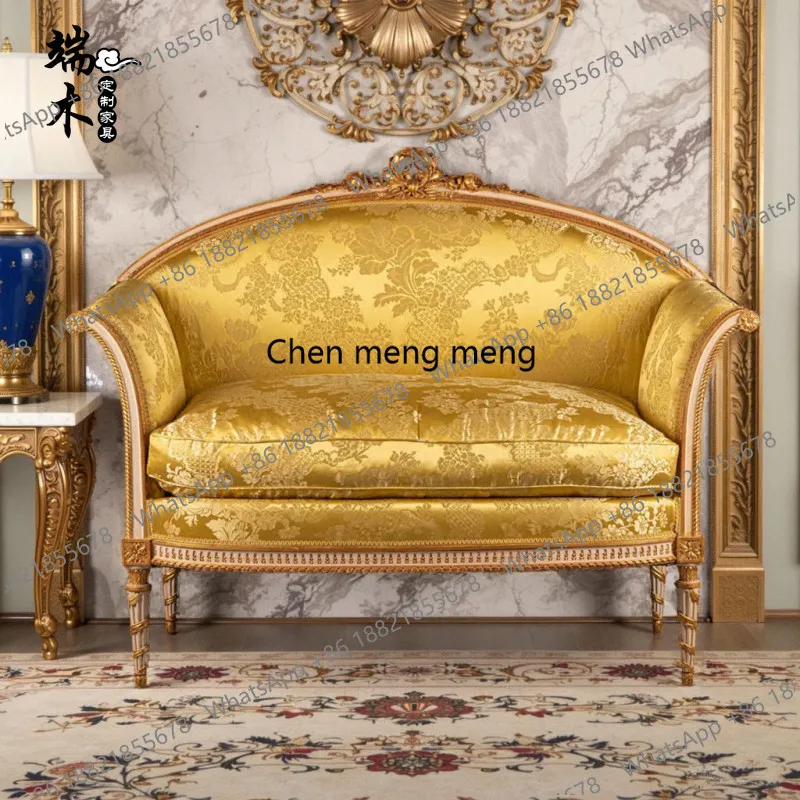 M85 French court solid wood carving flower three-person sofa chair fabric pattern backrest casual sofa chair