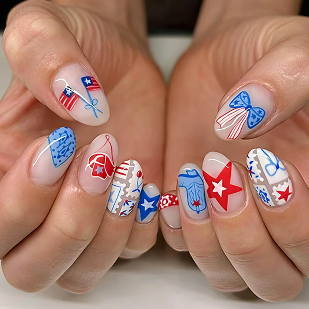 

American Independence Day themed western cowboy star bow flag pattern nail art false nails