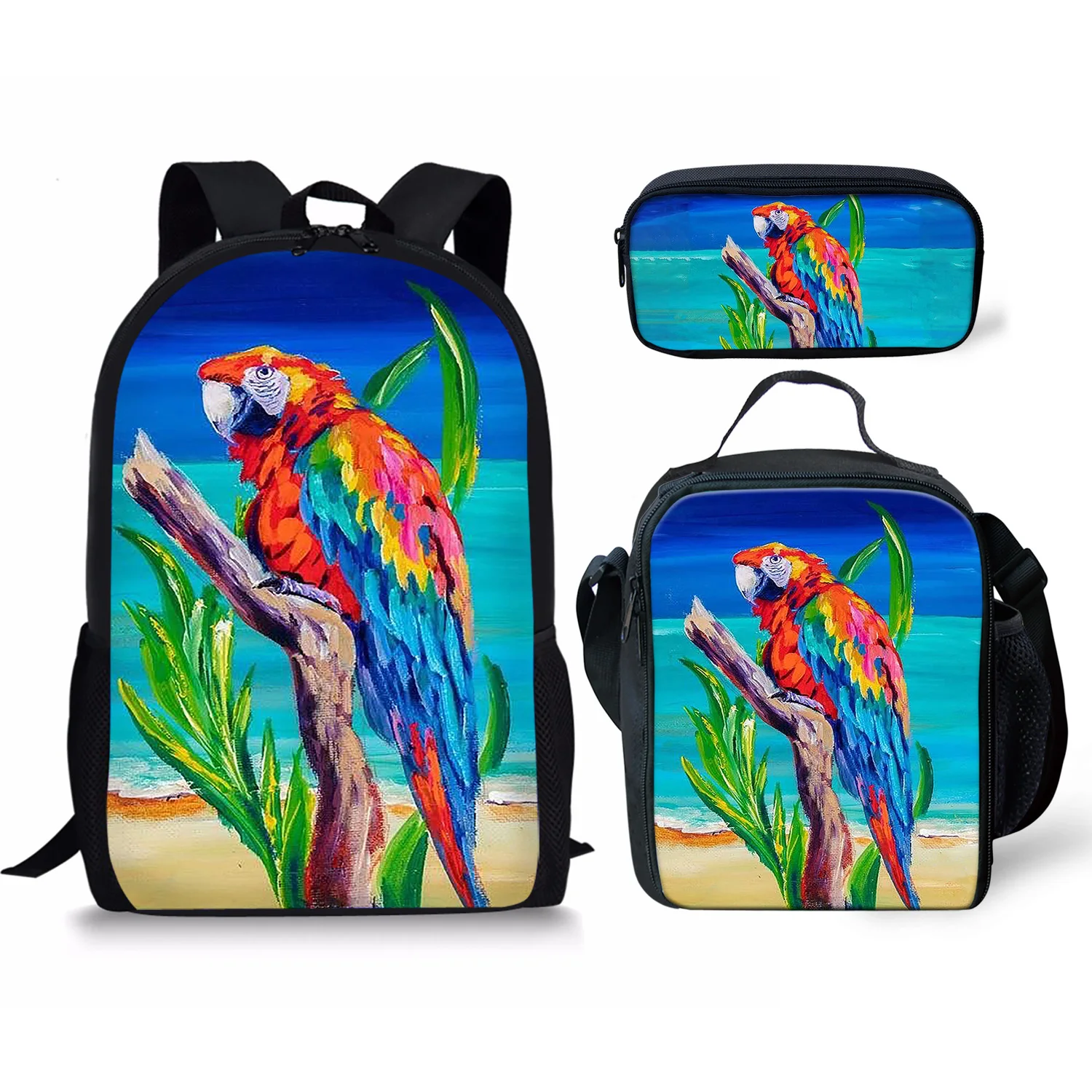 Harajuku Novelty Colorful Parrot 3pcs/Set Backpack 3D Print School Student Bookbag Anime Laptop Daypack Lunch Bag Pencil Case Y