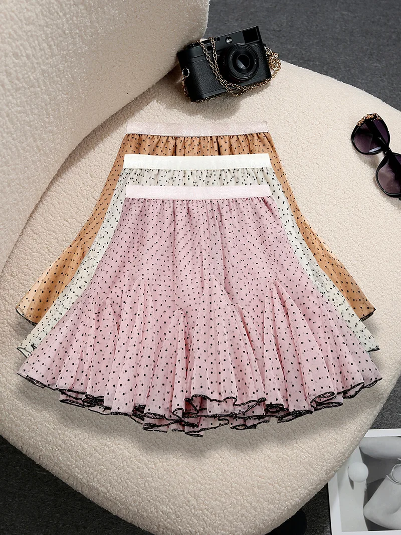 Korean Style Fashion Pleated Polka Dot Mesh Skirt 2026 New Women's A-Line Skirt Elastic Waisted Sweet Ruffled Fluffy Skirt