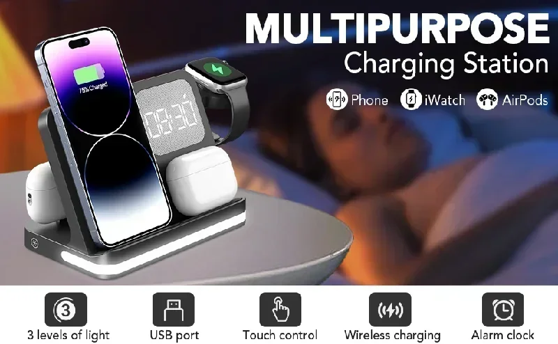 Telefonuhr Drahtloses Ladegerät mit LED-Licht Wecker für iPhone 16/15/14/13/12 Apple Watch 2-10 SE Airpods Pro Schnellladung – Detail 3