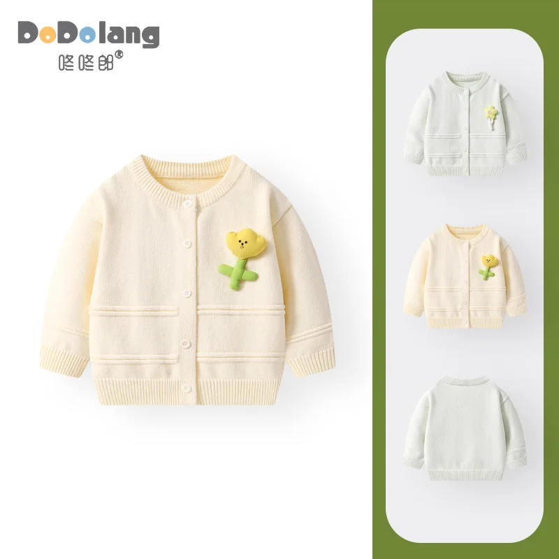Autumn and Winter Baby Flower Round Neck Sweater, Children's Casual Knitted Jacket, Women's Treasure Long Sleeved Cardigan Top