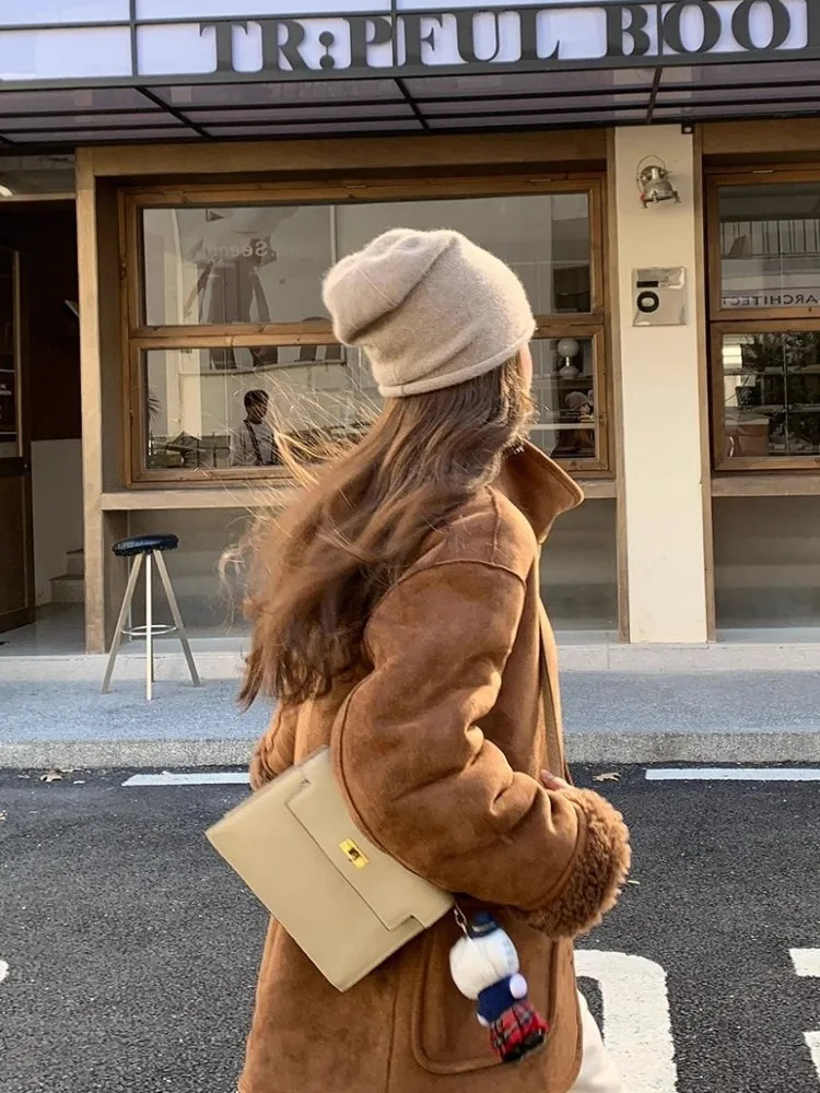 Women Reversible Wear Faux Fur Jacket Stand Collar Single Breasted Coat Winter Retro Loose Fit Fashion Korean Style Overcoat