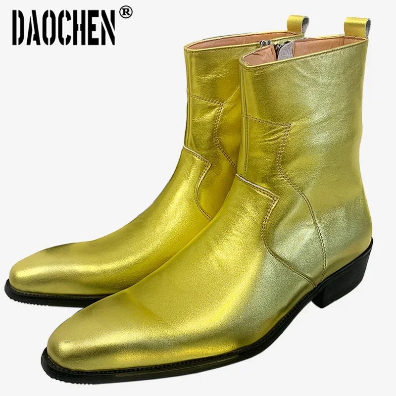 

Luxury Mens Boots Zip Golden Mid-Calf Boots Slip On Casual Men Dress Boots Shoes Wedding Party Banquet Leather Boots Men