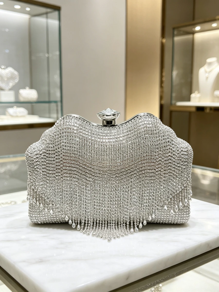 Silver White Full Dense Rhinestone Wavy Heart Water Drop Tassel Long Clutch Luxury Sparkling Evening Purse Mature Women Wedding