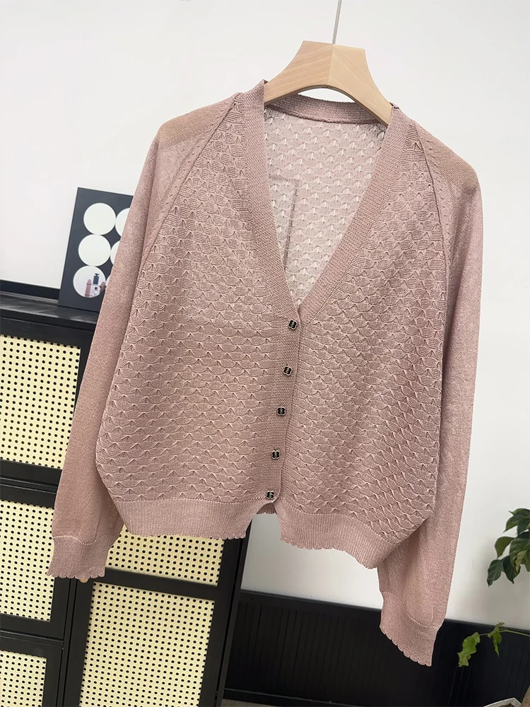 

High Quality Summer Ice Silk Knitted Cardigan, Women's Loose Fitting Sun Protection Shirt, Wearing V-neck Top Outside