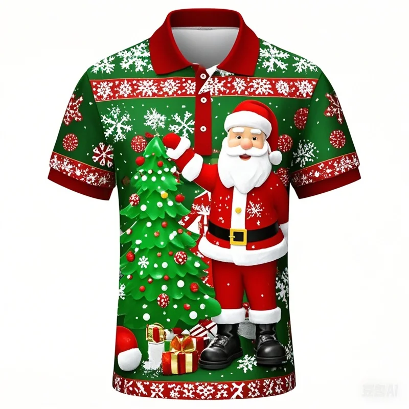 3D Print Mens Christmas Polo Shirt Clothes Santa Claus Patttern Short Sleeve Polo Shirts For Men Casual Oversized Button Tshirts