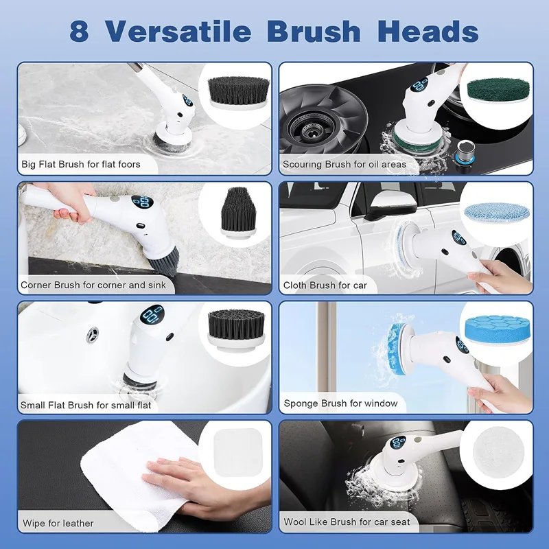 8 in1 Electric Cleaning Brush Extendable Electric Spin Scrubber Cordless Bathroom Shower Scrubber for Bathroom Kitchen Floor