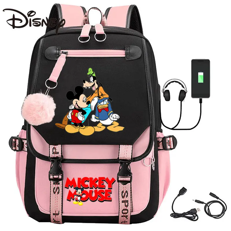 Disney Mickey Mouse Mochila Laptop, USB Recarregável, Saco De Estudante Do Ensino Médio, Meninas Estudante