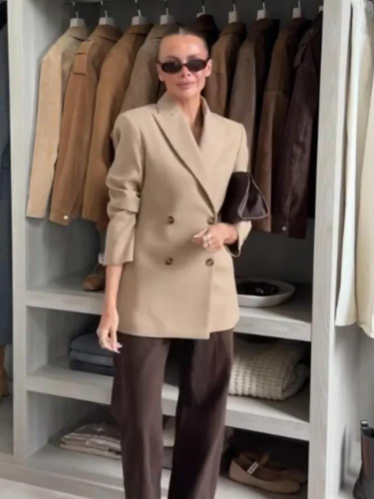 HH Spring Women Casual Lapel Double Breasted Long Sleeve Blazer+Zipper Pockets High Waist Loose Ribbed Trousers 2 Piece Set