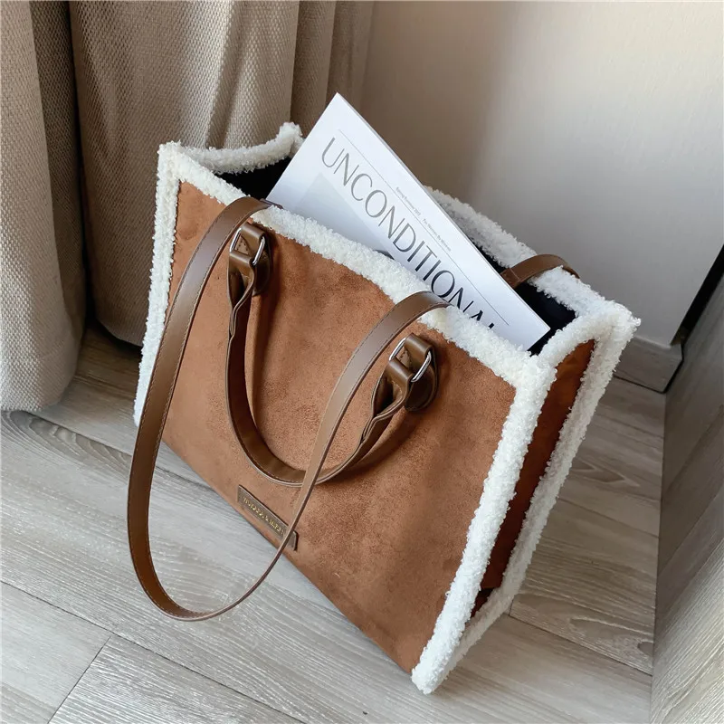 Fashion Wool Handbag Large capacity Female Big Totes Quality Ladies Shoulder bags Soft PU leather Vintage Tote Bag composite bag