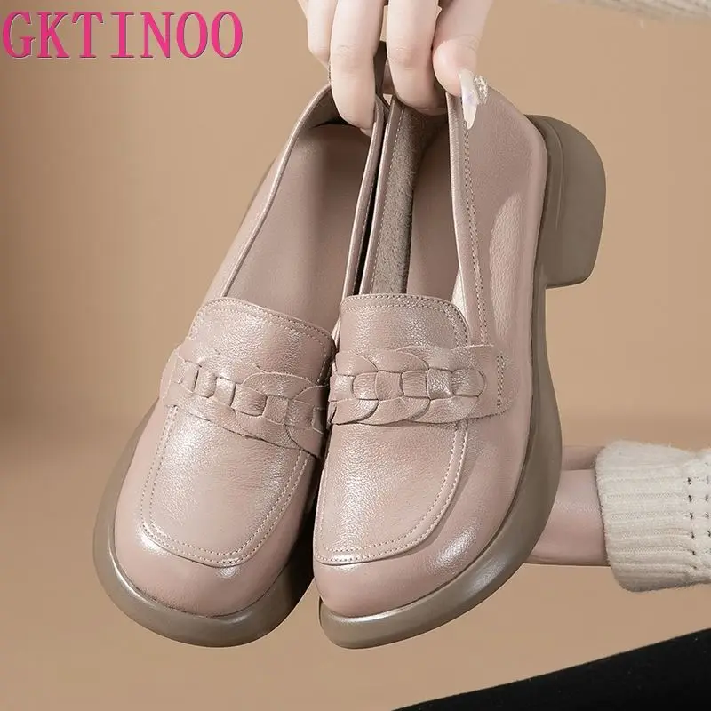 GKTINOO Women Loafers Shoes Genuine Leather 2024 British Style Women\'s Spring Shoes Thick Bottom Large Size Ladies Shoes