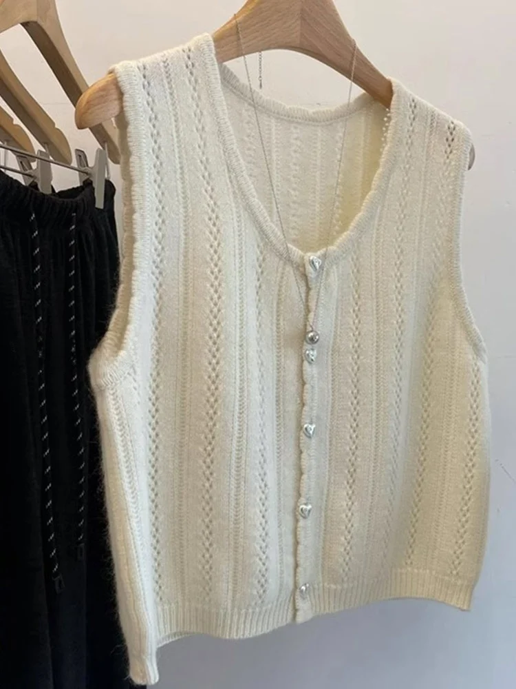 

Lambswool Knitted Open Cardigan Vest Multi-layered Hollow out Casual Pure Color Design Faion Single Button Women's Vest