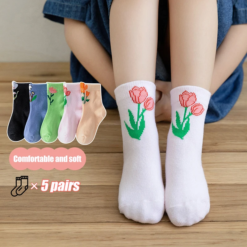 5Pcs Spring Summer Soft Cotton Girls Floral Short Socks Breathable Children Ankle Socks Kids Lace Princess Mesh Ruffle Socks