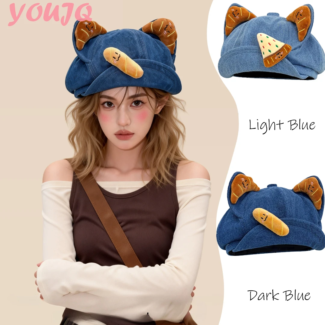 Japanese Cute Cartoon 3D Cat Ear Design Denim Beret Hats for Women Y2K Spring Summer Street Personality Painter Cap Sombreros