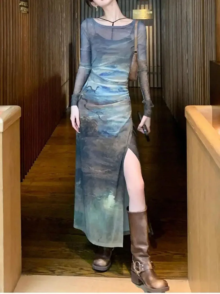 American Vintage Tie Dye Mesh Dress For Women Autumn Slim Waist Long Sleeve Vestidos+ Bottoming Strap Two Piece Sets