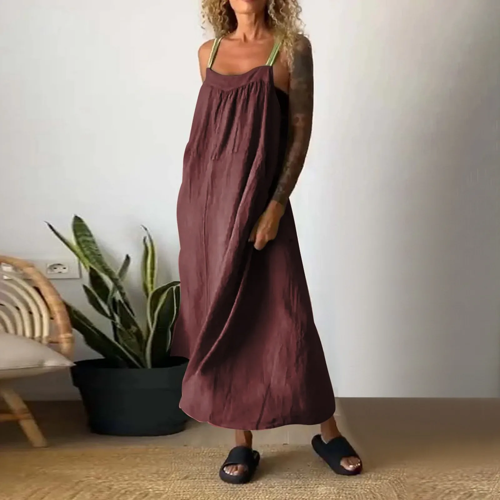 

Summer New Casual Cotton And Linen Suspender Dress Commute Fashion Sleeveless Loose Waist Solid Color Female Party Long Dresses